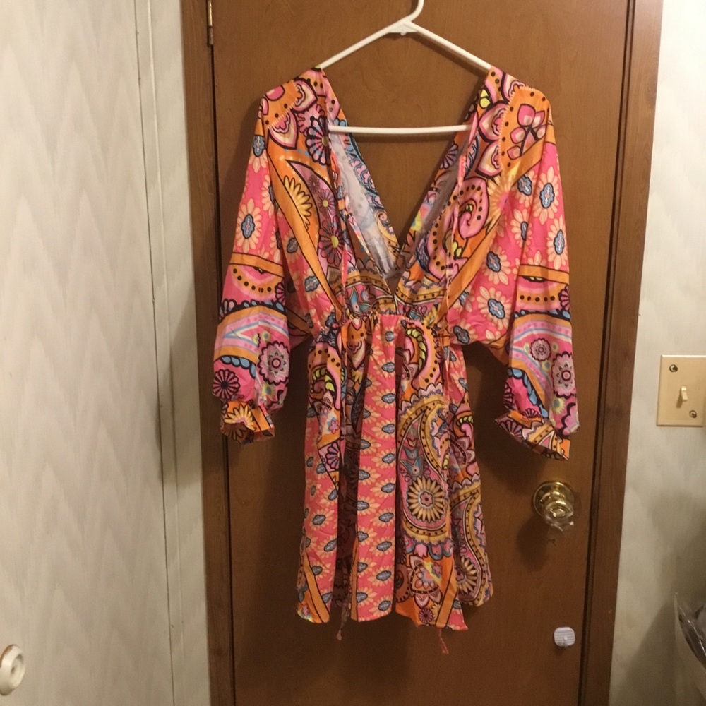 Floral Print Lace Up V-neck Dress, Boho Short Sleeve Waist Backless Summer L - Picture 7 of 7